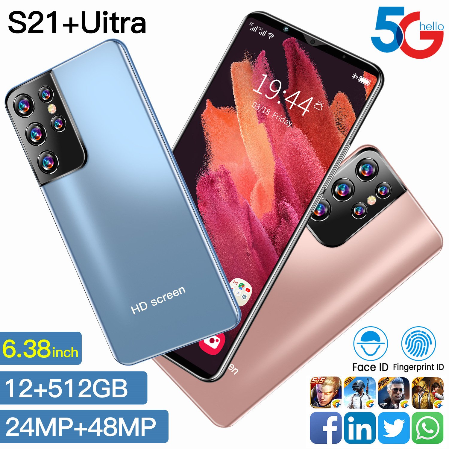 3G 4G 5G Hot Sale High Quality S21 Ultra HD Screen 6GB+1285GB Cellphone Android10 Mobile Phones